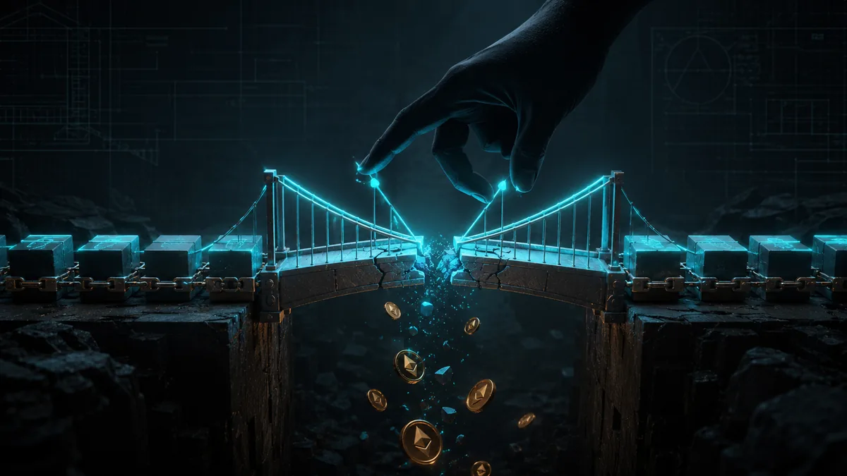 Un puente entre dos cadenas que se agrieta y deja caer monedas, con una mano agarrando los cables de firma
