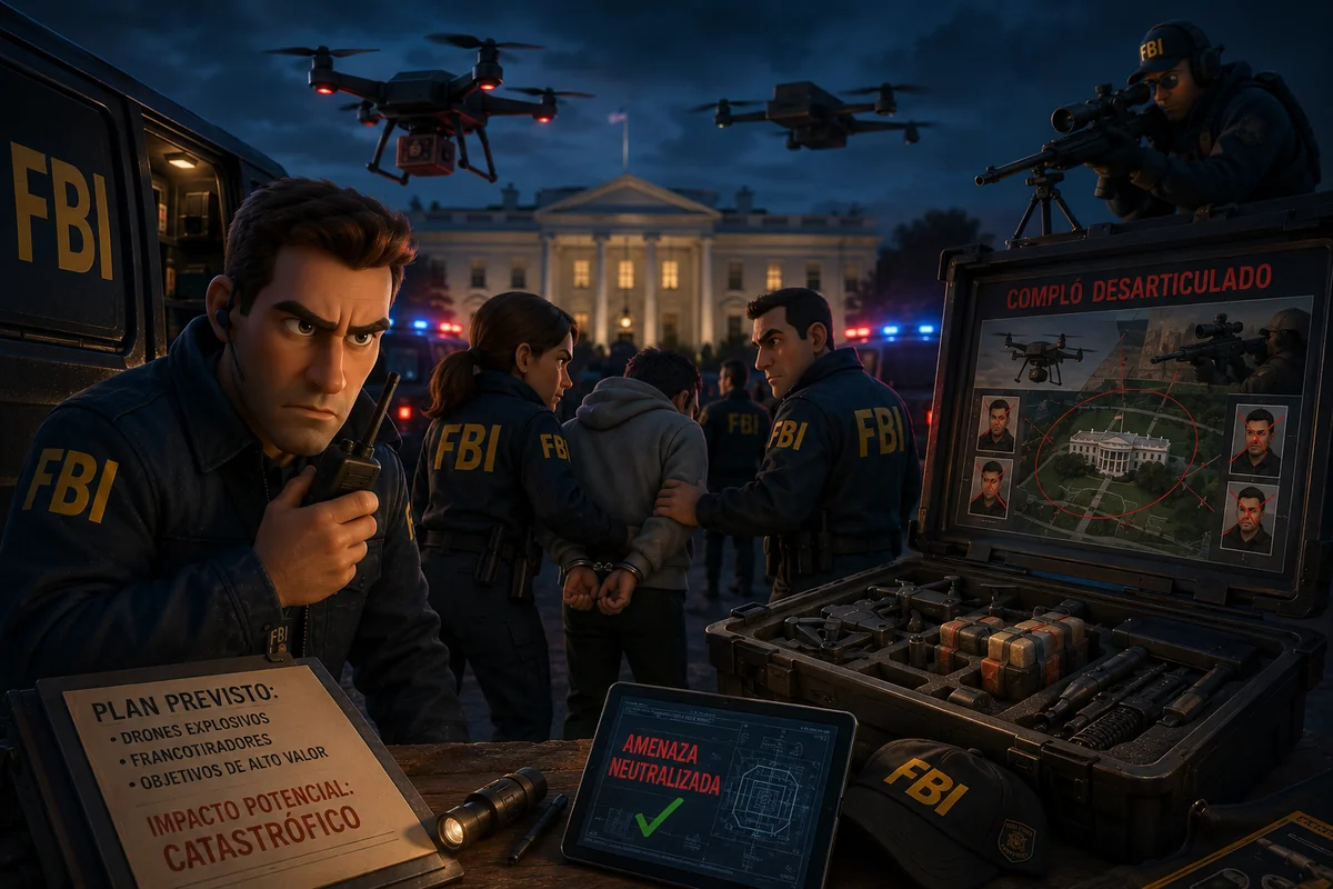 Ilustración editorial de alerta de seguridad cripto sobre FBI frustra presunto complot de ataque con drones y francotiradores