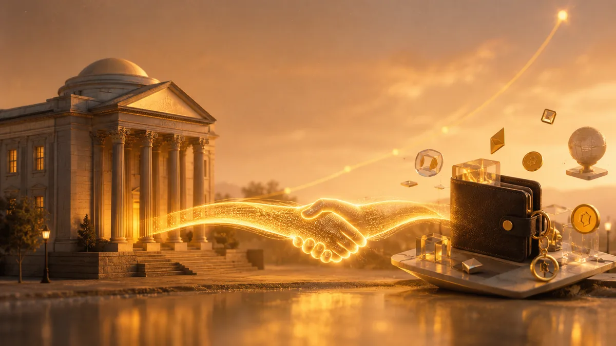Un banco clásico conectado por un puente de luz dorada a un mundo web3 de tokens y una cartera